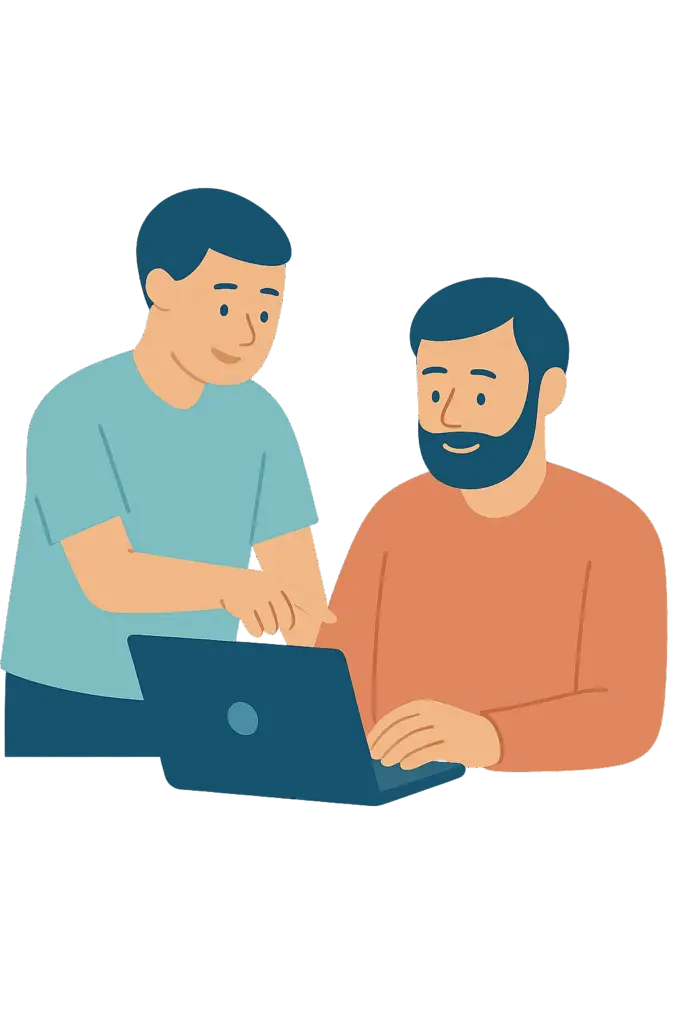 Illustratie van een begeleider die iemand helpt met een laptop